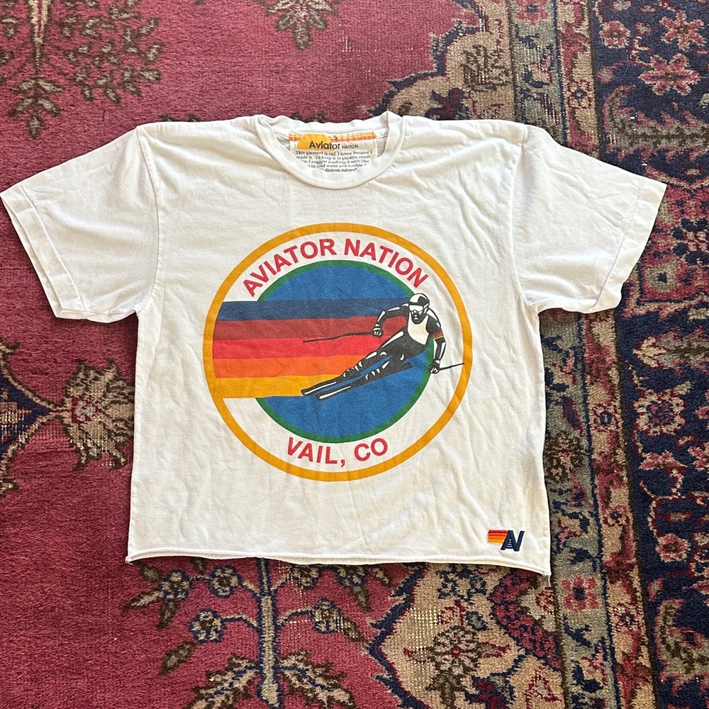Aviator Nation Women’s Vail CO Ski Graphic Boyfriend Tee with Retro Stripes